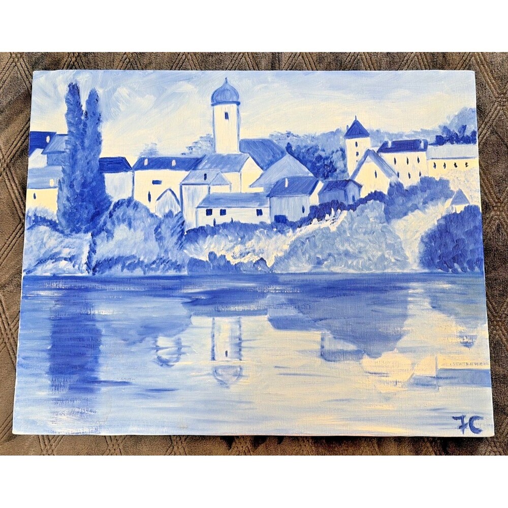 Original 16 x 20 Monochromatic Blue Acrylic Painting Hillside Town & Reflection
